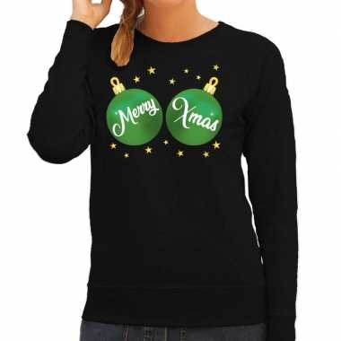 Zwarte kersttrui / kerstkleding met groene merry xmas voor dames